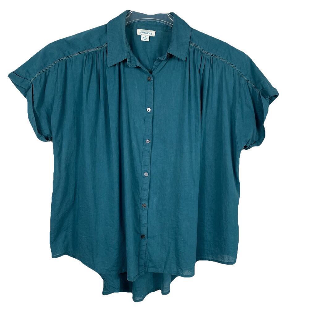 Sundance Top Shirt Women Small Teal 100% Cotton Button Front Flowy Casual Boho